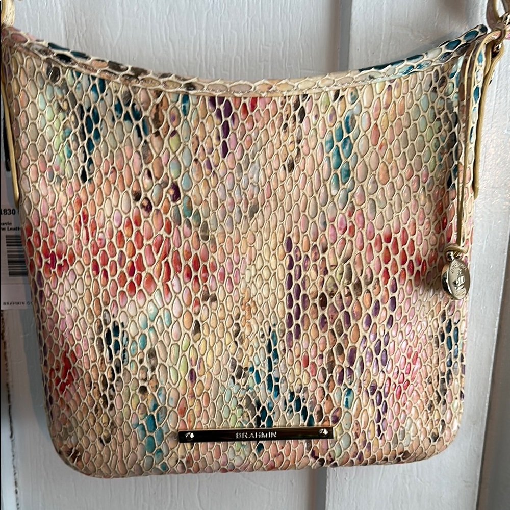 Brahmin Cream Crossbody Bag with Textured Woven Material and Slouchy Design